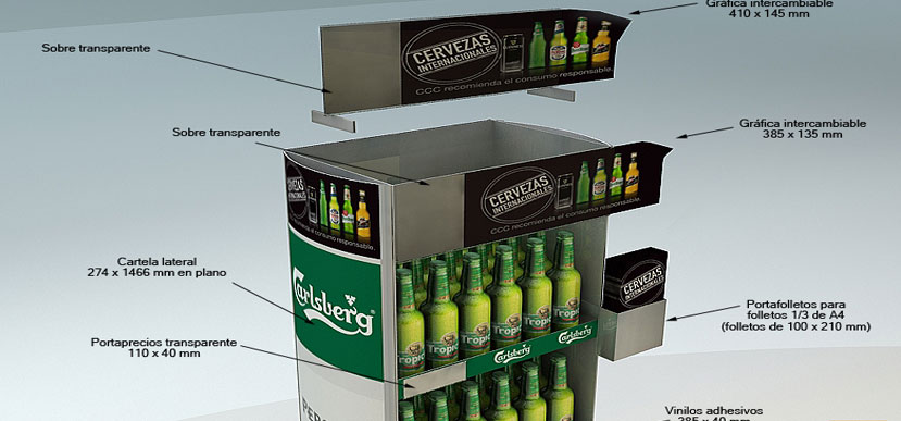 On Target diseña y fabrica para Compañía Cervecera de Canarias un expositor metálico de suelo para exposición de producto. Diseño 3D.