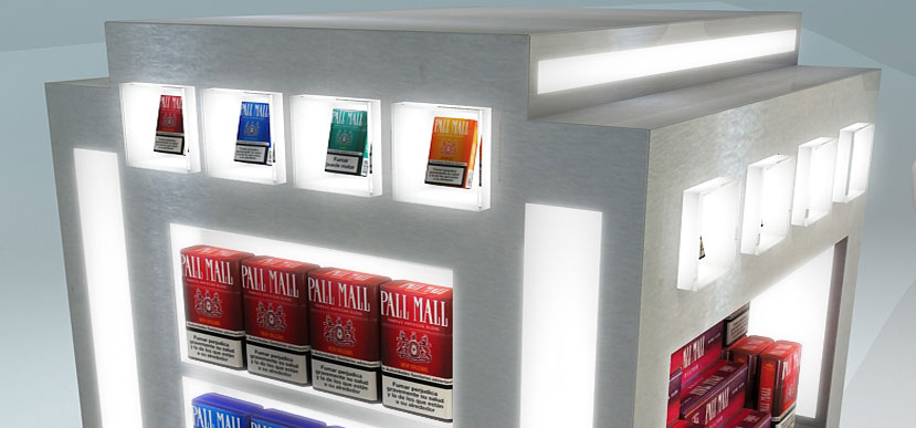 On Target diseña y fabrica una góndola con vitrinas de metacrilato retroiluminadas para exposición de producto. Diseño 3D.