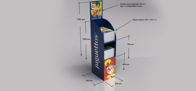 On Target diseña y fabrica un portafolletos metálico para Juguettos. Diseño 3D.